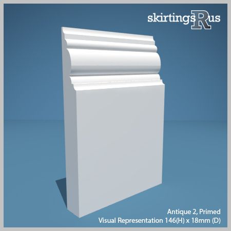 Visual representation of a sample of Antique 2 MDF Skirting Board with a primed finish (146mm H x 18mm D)