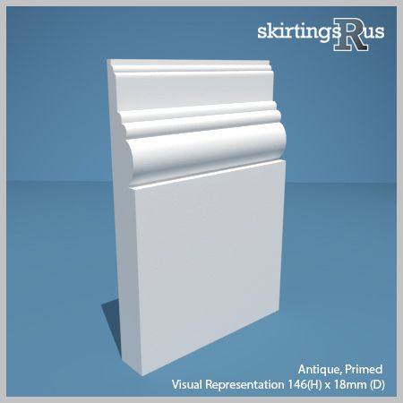 Visual representation of a sample of Antique MDF Skirting Board with a primed finish (146mm H x 18mm D)