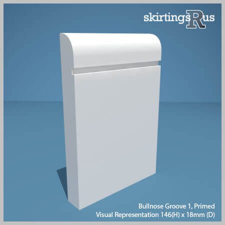Visual representation of a sample of Bullnose Groove 1 MDF Skirting Board with a primed finish (146mm H x 18mm D)