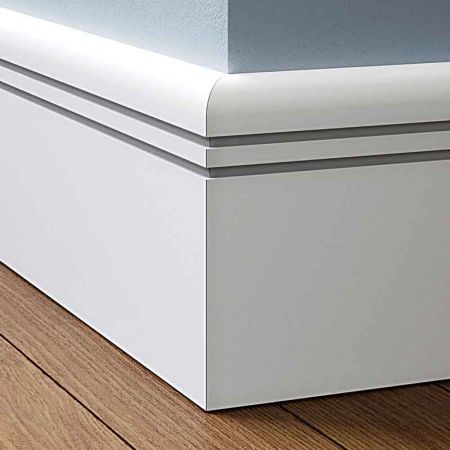 Visual Representation of Bullnose Groove 2 MDF Skirting Board with a primed finish (146mmH x 18mmD)