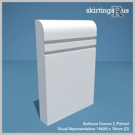 Visual representation of a sample of Bullnose Groove 2 MDF Skirting Board with a primed finish (146mm H x 18mm D)