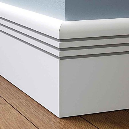 Visual Representation of Bullnose Groove 2 MDF Skirting Board with a primed finish (146mmH x 18mmD)