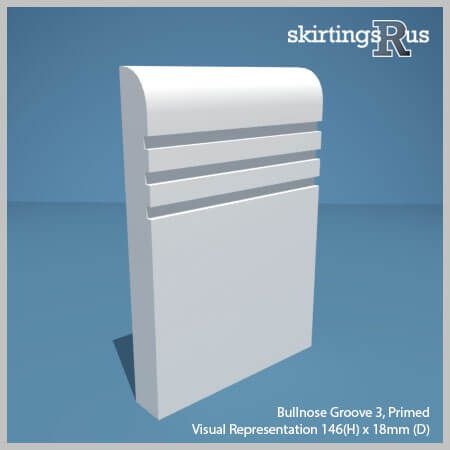 Visual representation of a sample of Bullnose Groove 3 MDF Skirting Board with a primed finish (146mm H x 18mm D)
